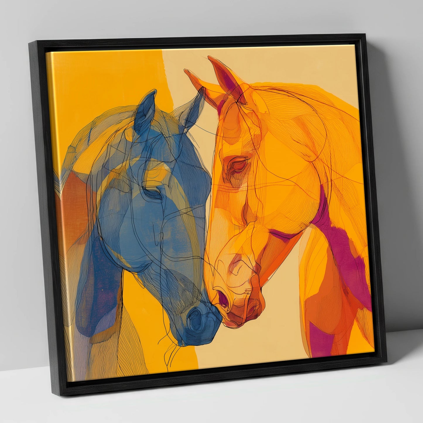 Cobalt and Amber Bond horse portrait canvas wall art in black frame