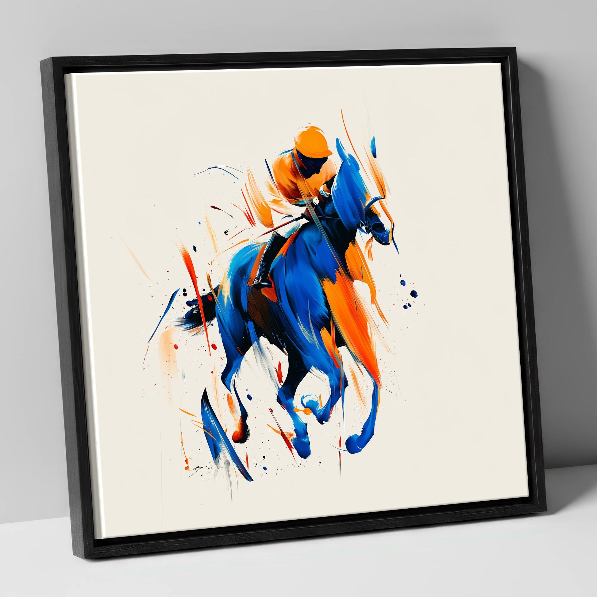 Velocity in Cobalt racing horse canvas wall art in black frame