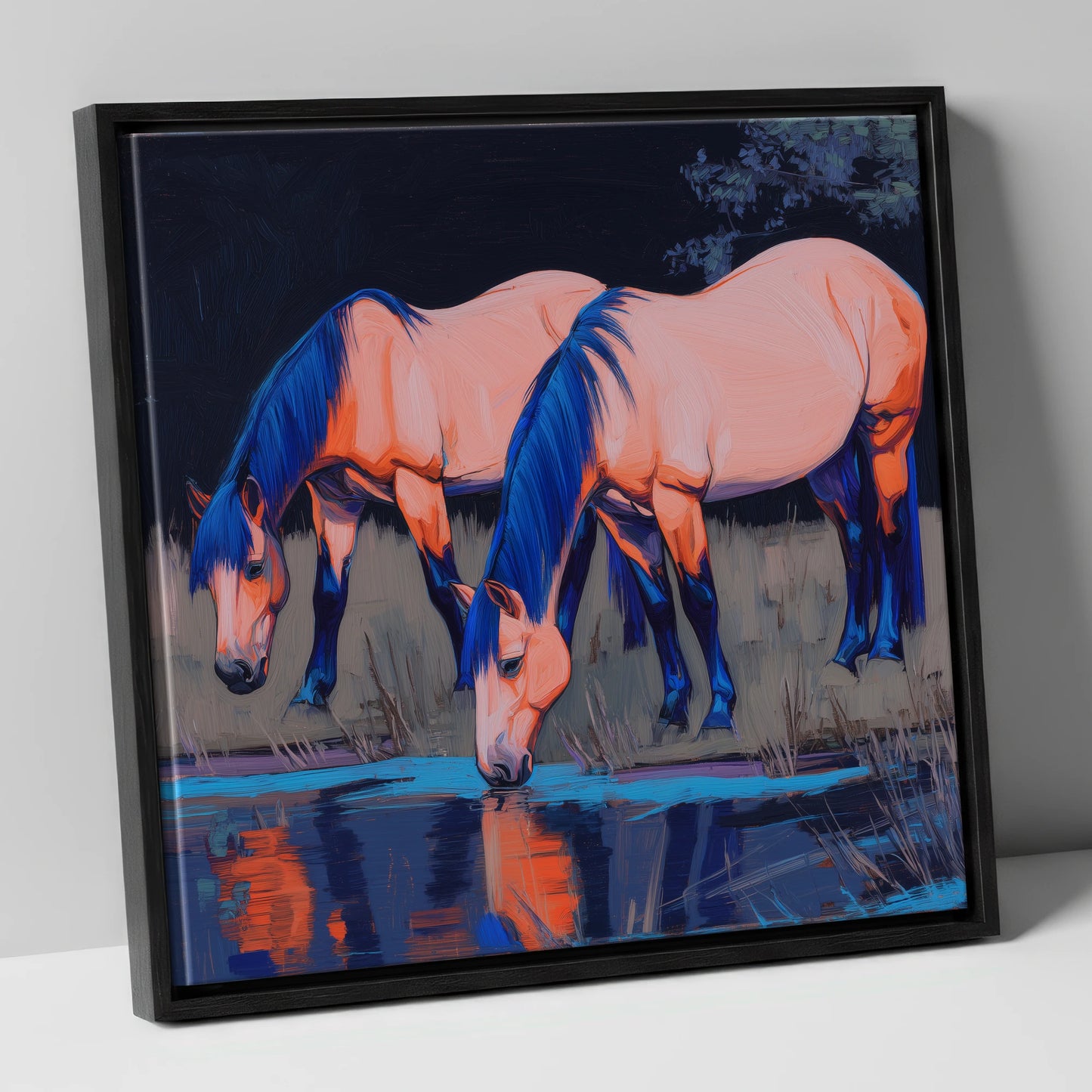 Indigo Waters horse landscape canvas wall art in black frame