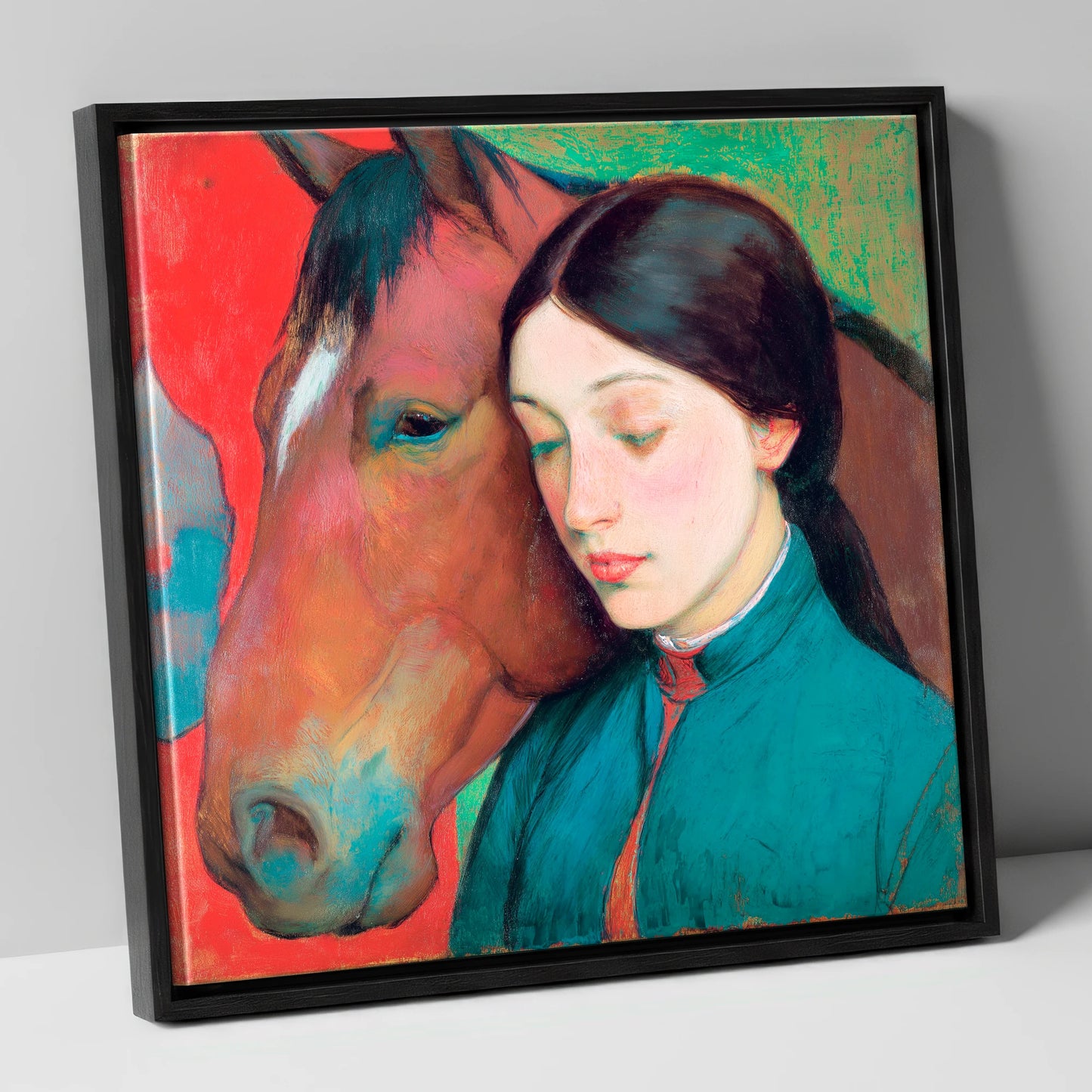 Silent Devotion horse & rider canvas wall art in black frame