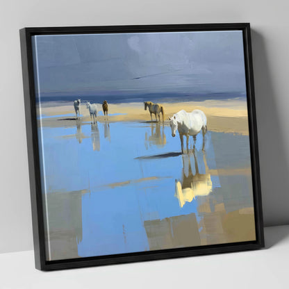 Stillness in the Shallows horse landscape canvas wall art in black frame