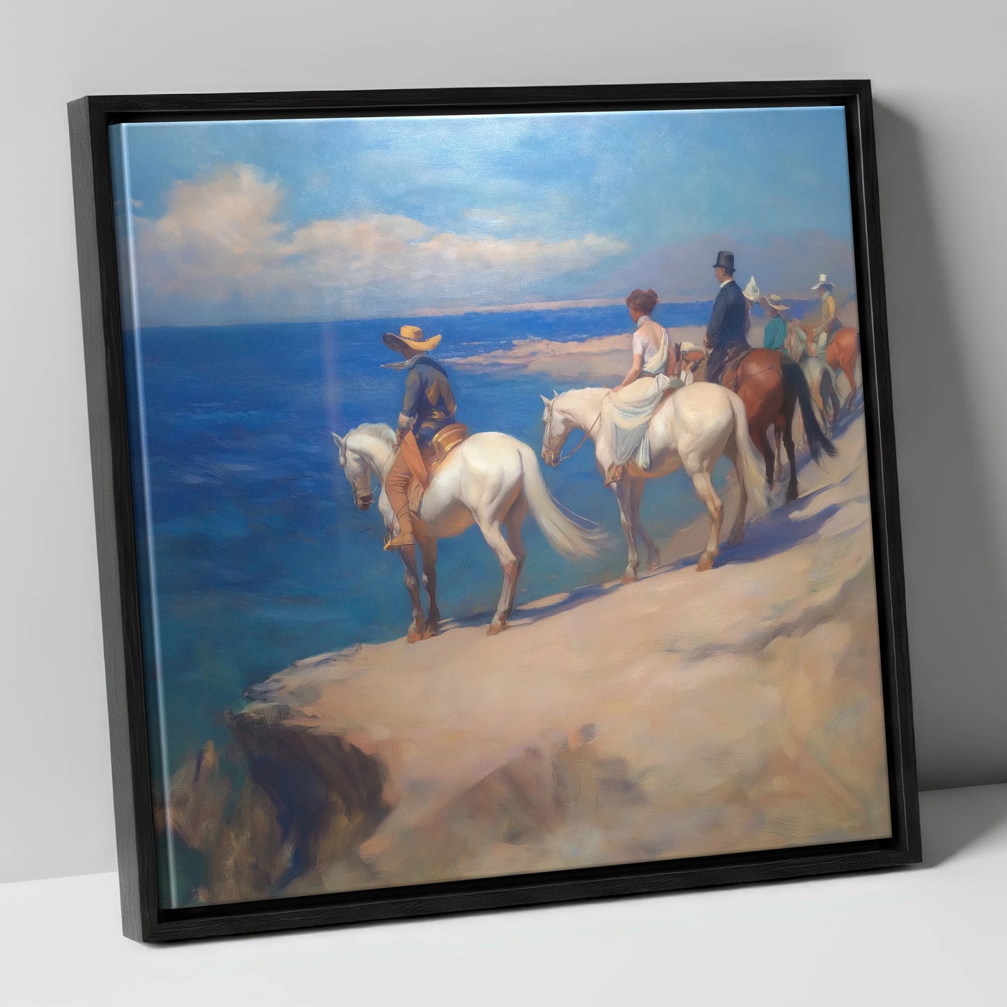 Coastal Riders Halt horse landscape canvas wall art in black frame