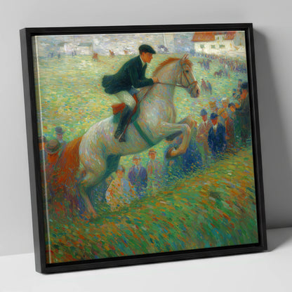Luminous Grey in Flight show jumping horse canvas wall art in black frame