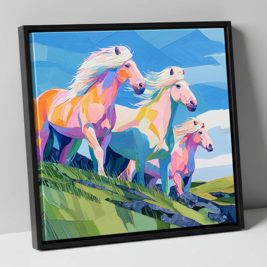 Radiant Hillside Herd horse landscape canvas wall art in black frame