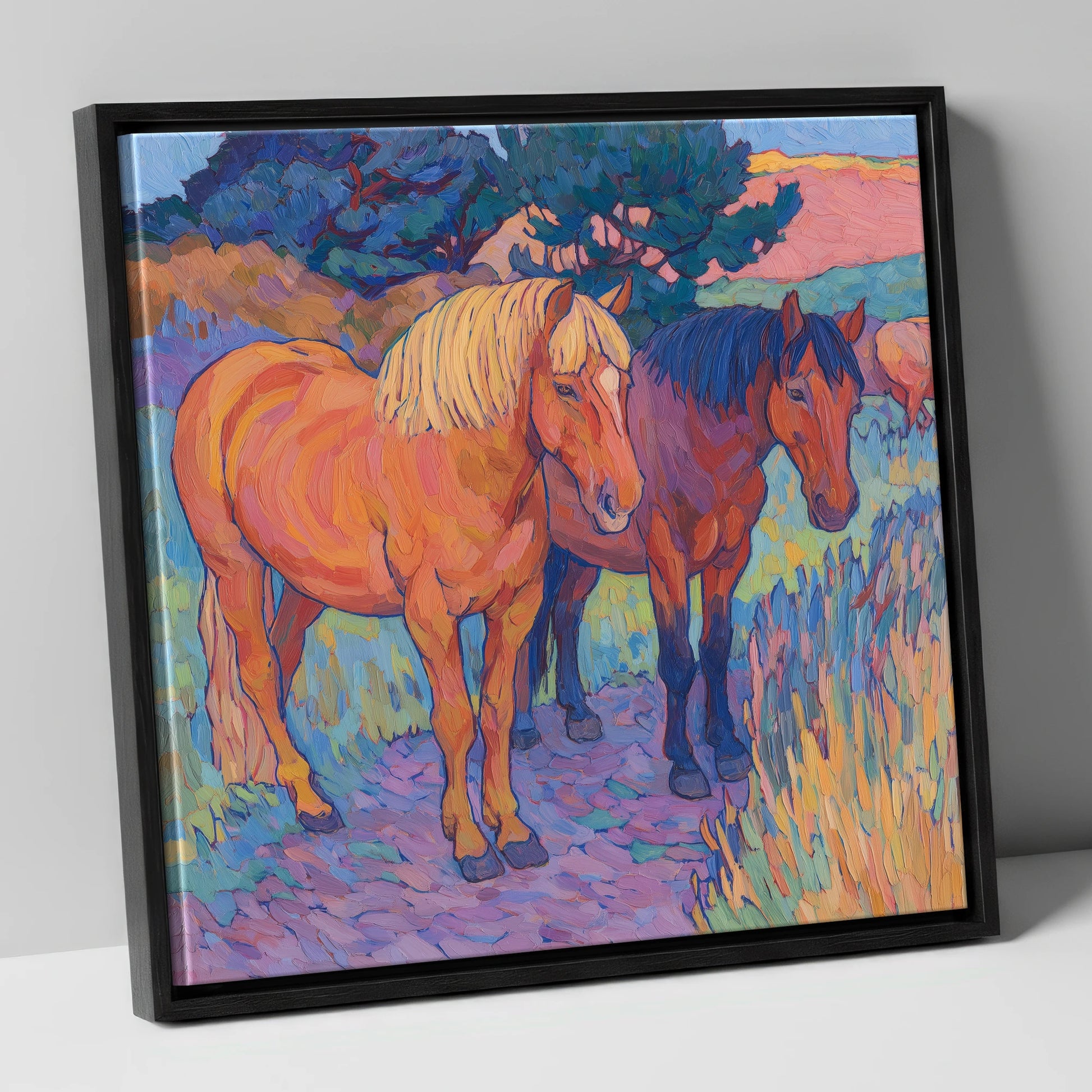 Sunset Pasture Companions horse landscape canvas wall art in black frame