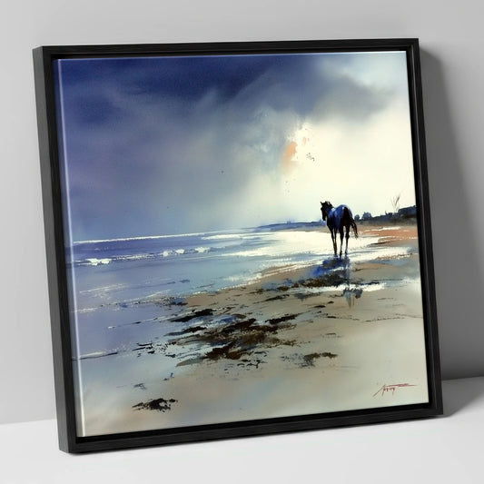 The Solitary Shoreline horse landscape canvas wall art in black frame