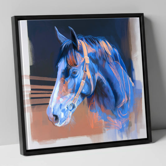 Serene Blue Profile horse portrait canvas wall art in black frame