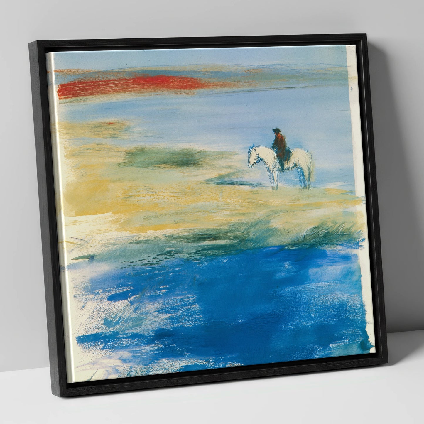 Coastal Solitude beach horse canvas wall art in black frame