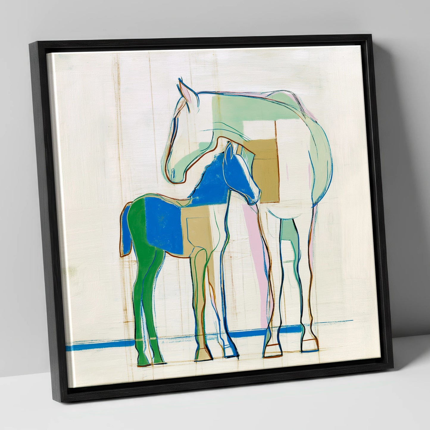 Modern Equine Kinship mare & foal canvas wall art in black frame