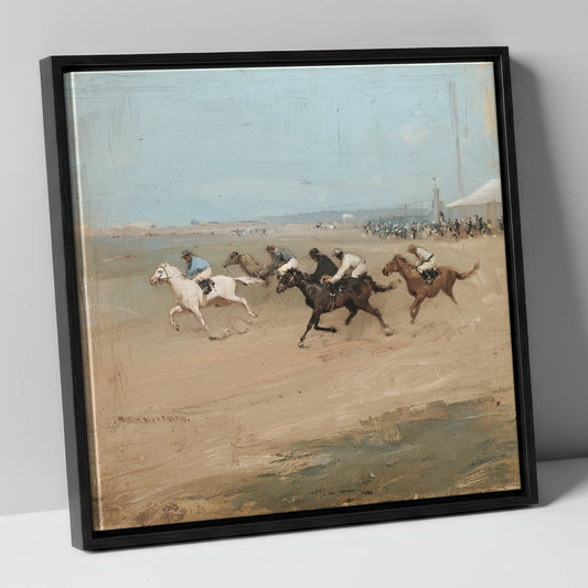 Gallop on the Sands racing horse canvas wall art in black frame