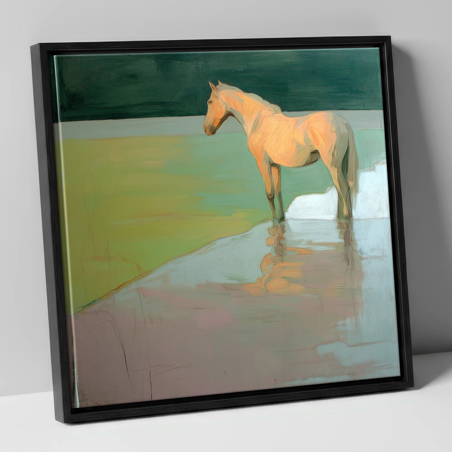 Serene Beach Reflection beach horse canvas wall art in black frame