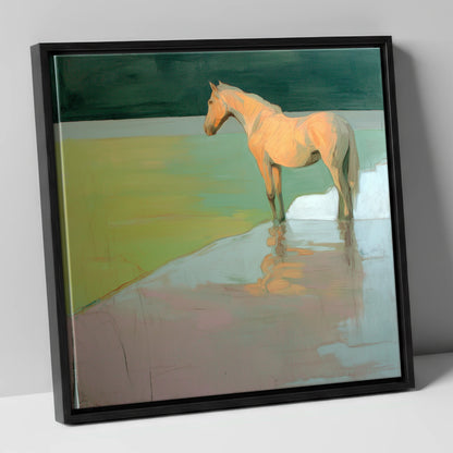 Serene Beach Reflection beach horse canvas wall art in black frame
