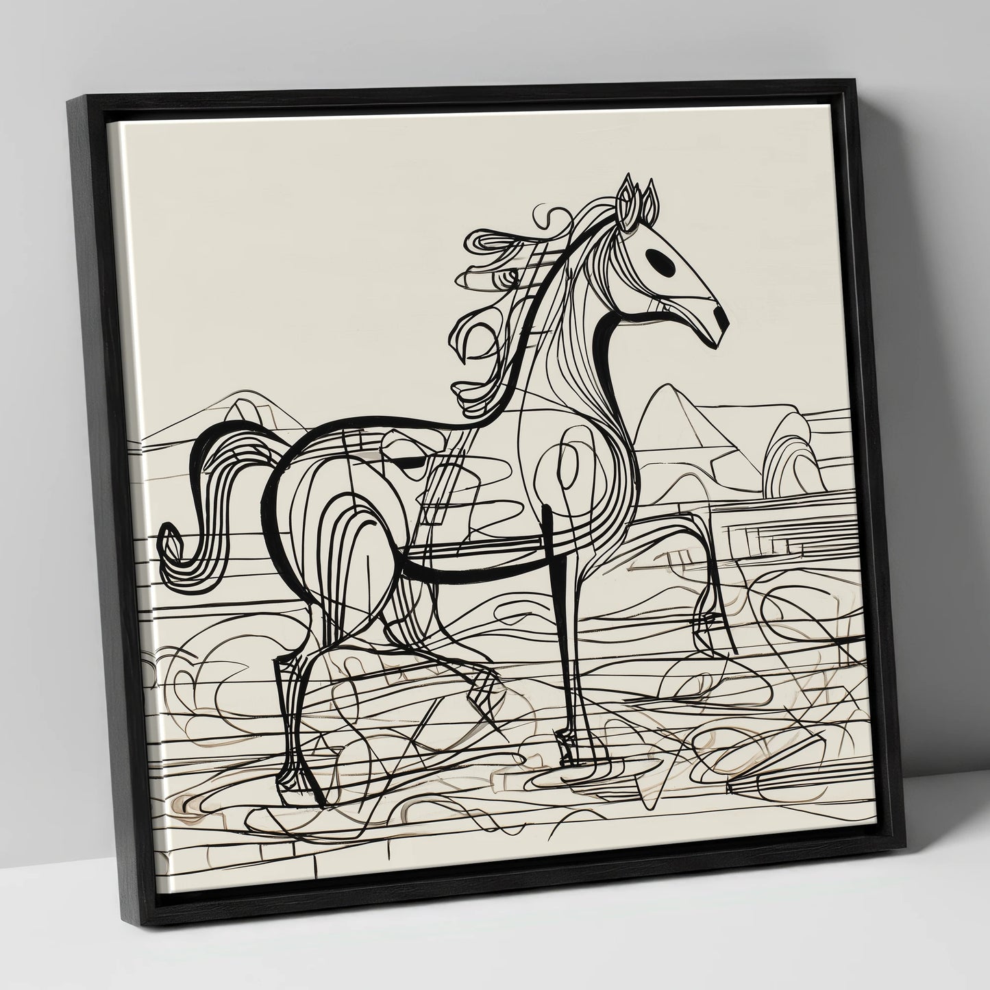 Coastline Contours beach horse canvas wall art in black frame