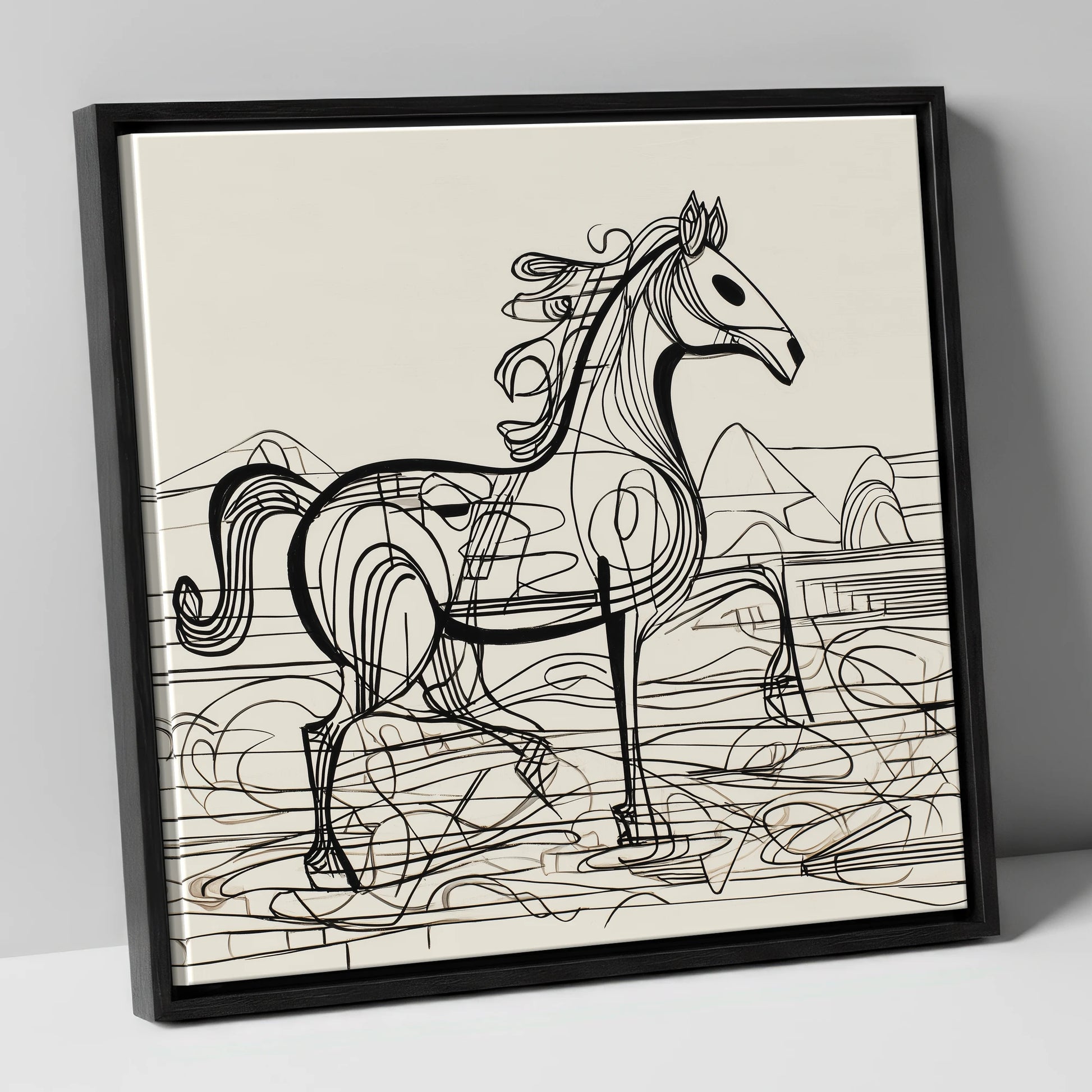 Coastline Contours beach horse canvas wall art in black frame