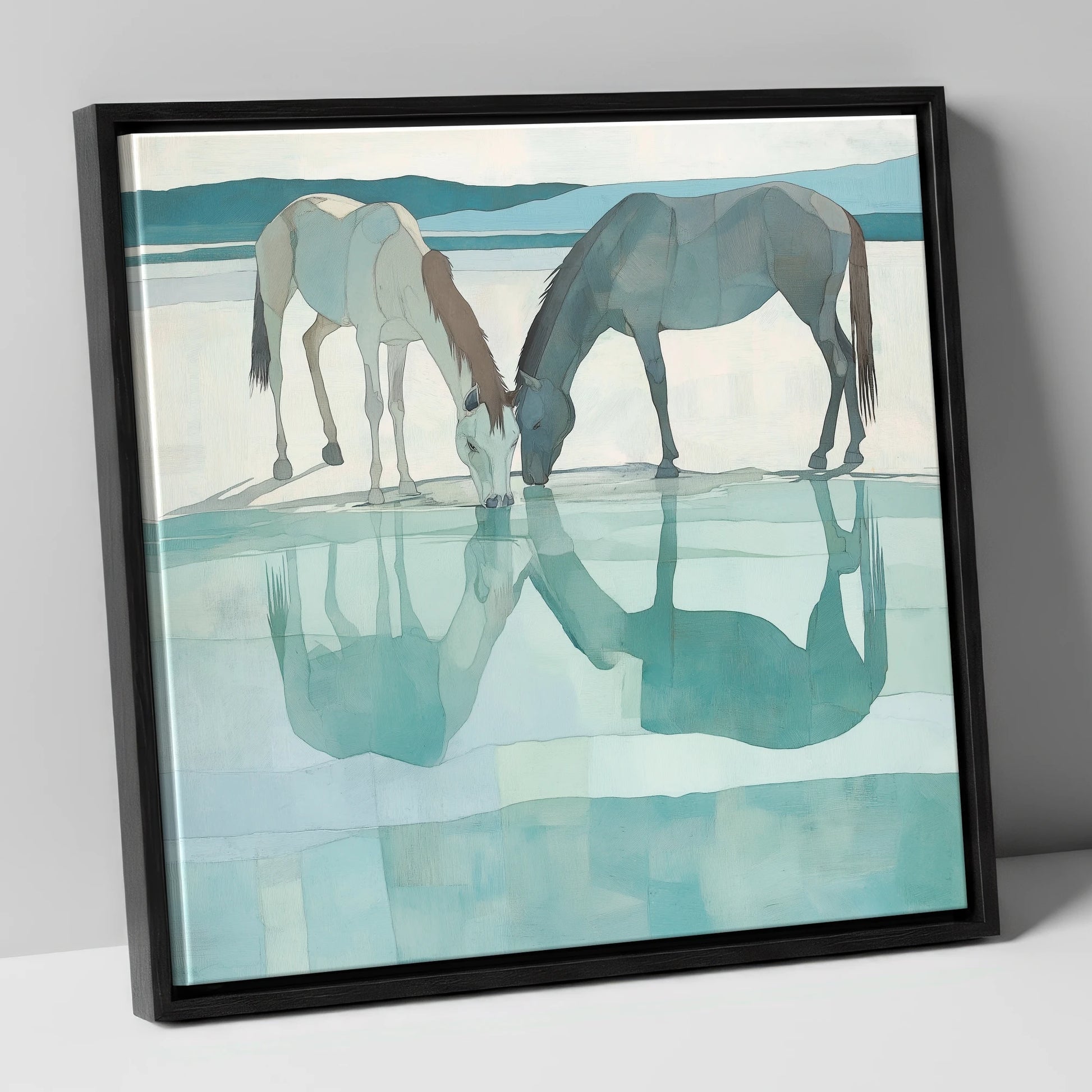 Mirrored Serenity wild horses canvas wall art in black frame