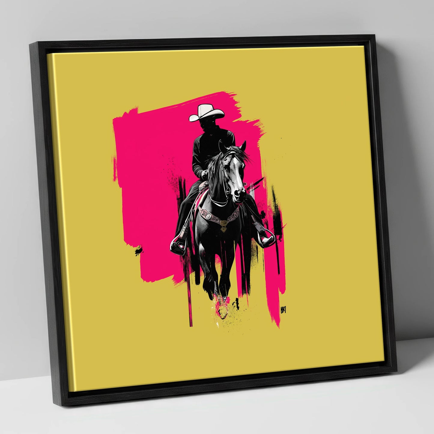Magenta High Noon western horse canvas wall art in black frame