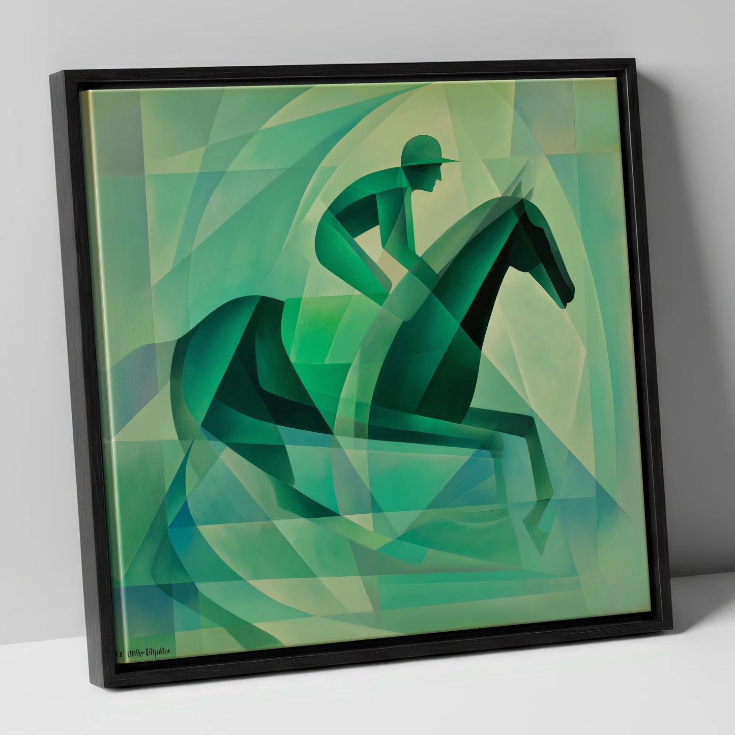 Verdant Stride racing horse canvas wall art in black frame