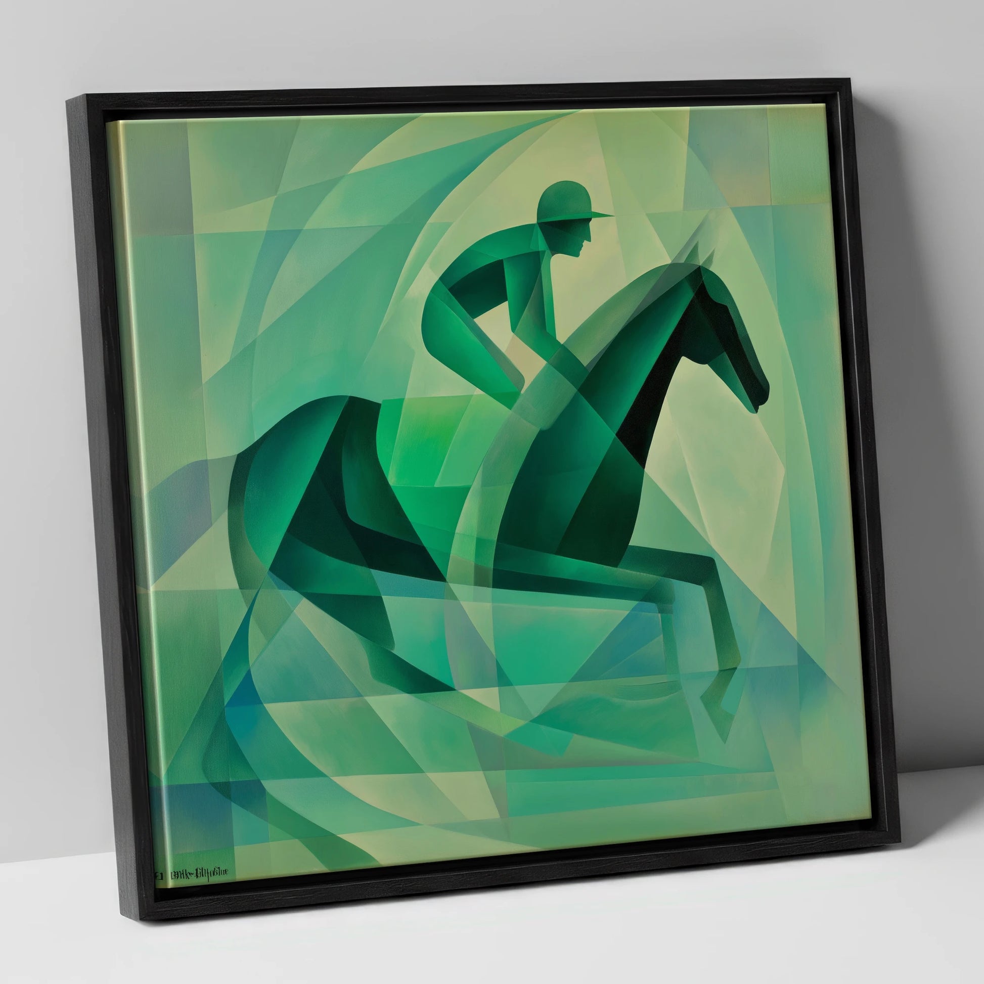 Verdant Stride racing horse canvas wall art in black frame