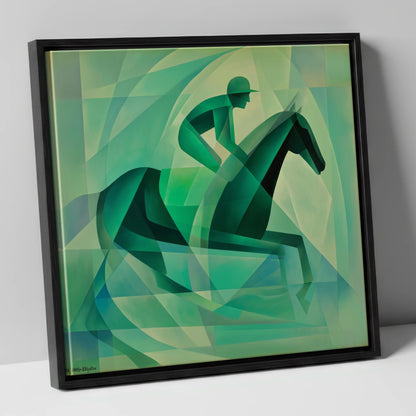 Verdant Stride racing horse canvas wall art in black frame