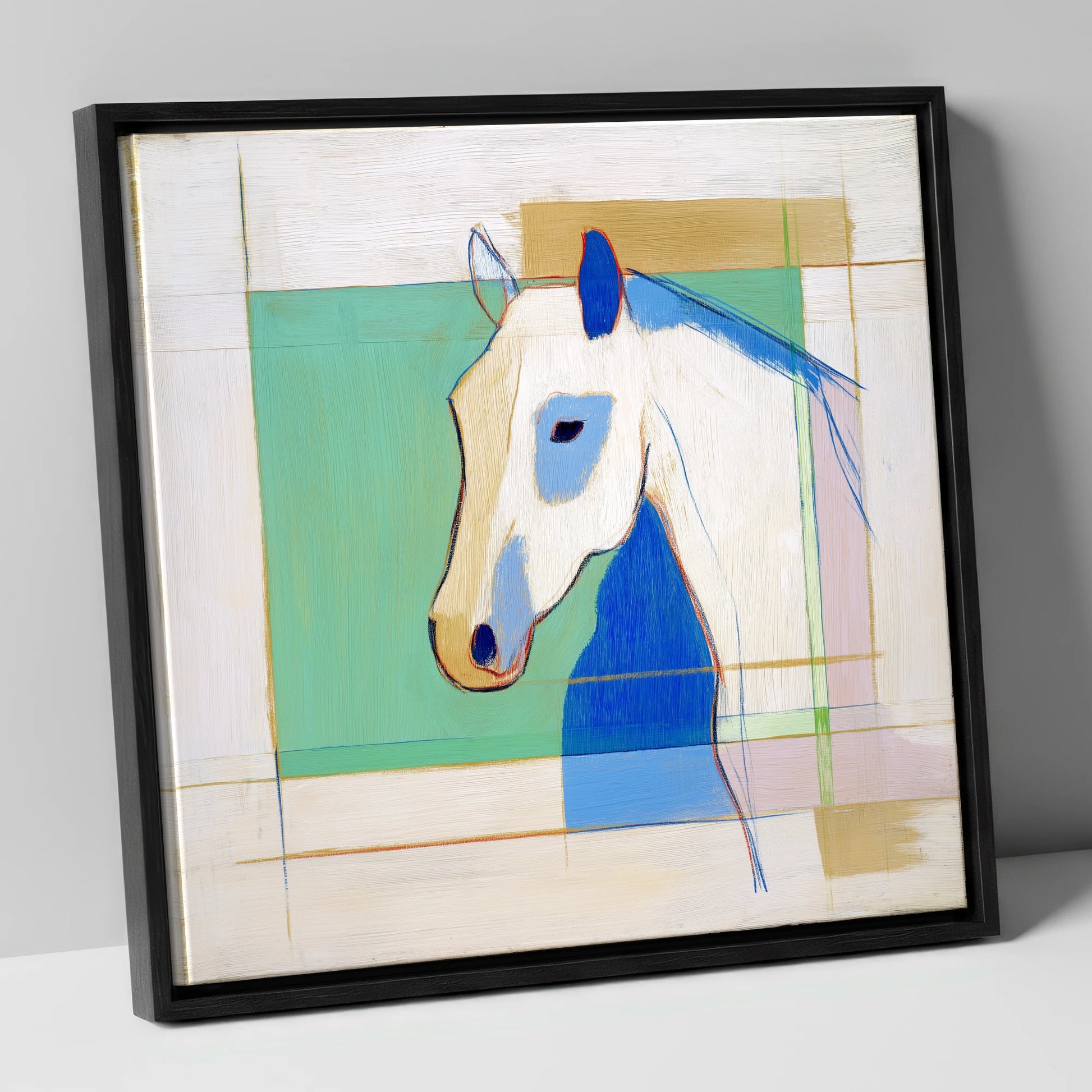Geometric Azure Equine horse portrait canvas wall art in black frame