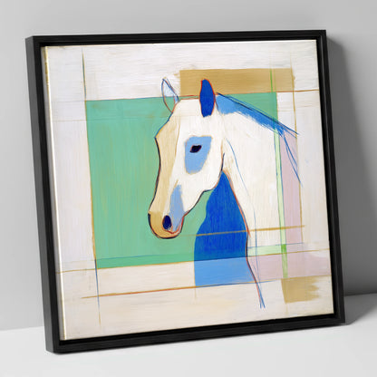 Geometric Azure Equine horse portrait canvas wall art in black frame
