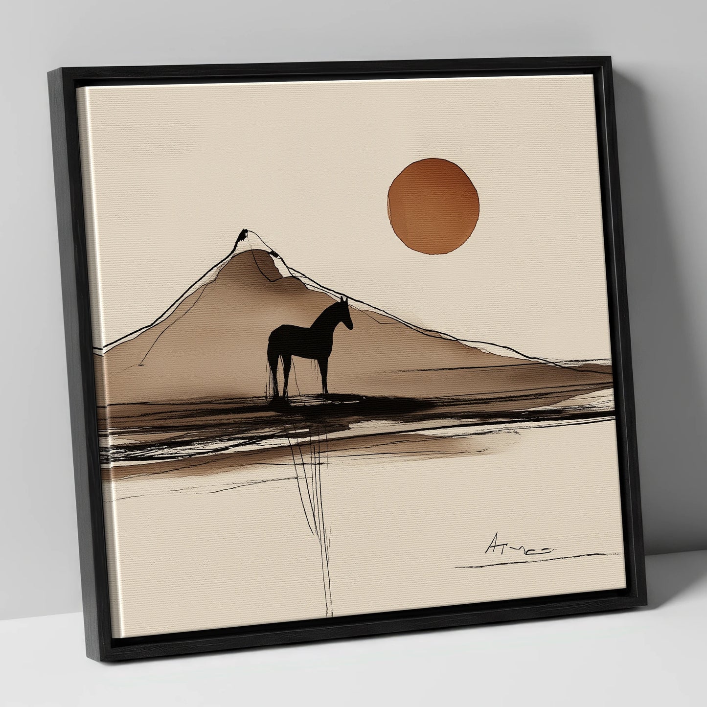 Sepia Mountain Silhouette horse landscape canvas wall art in black frame