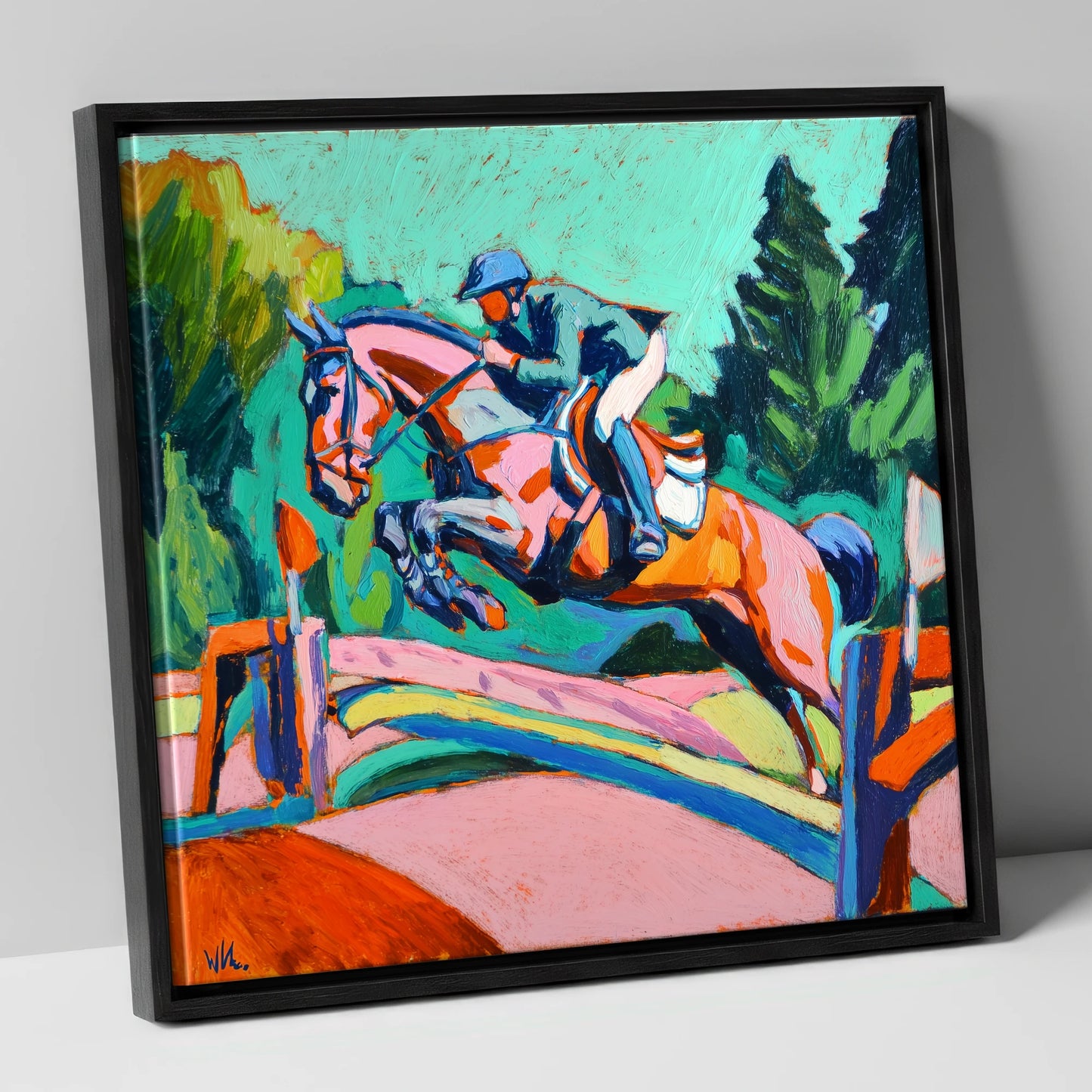 Technicolour Flight show jumping horse canvas wall art in black frame