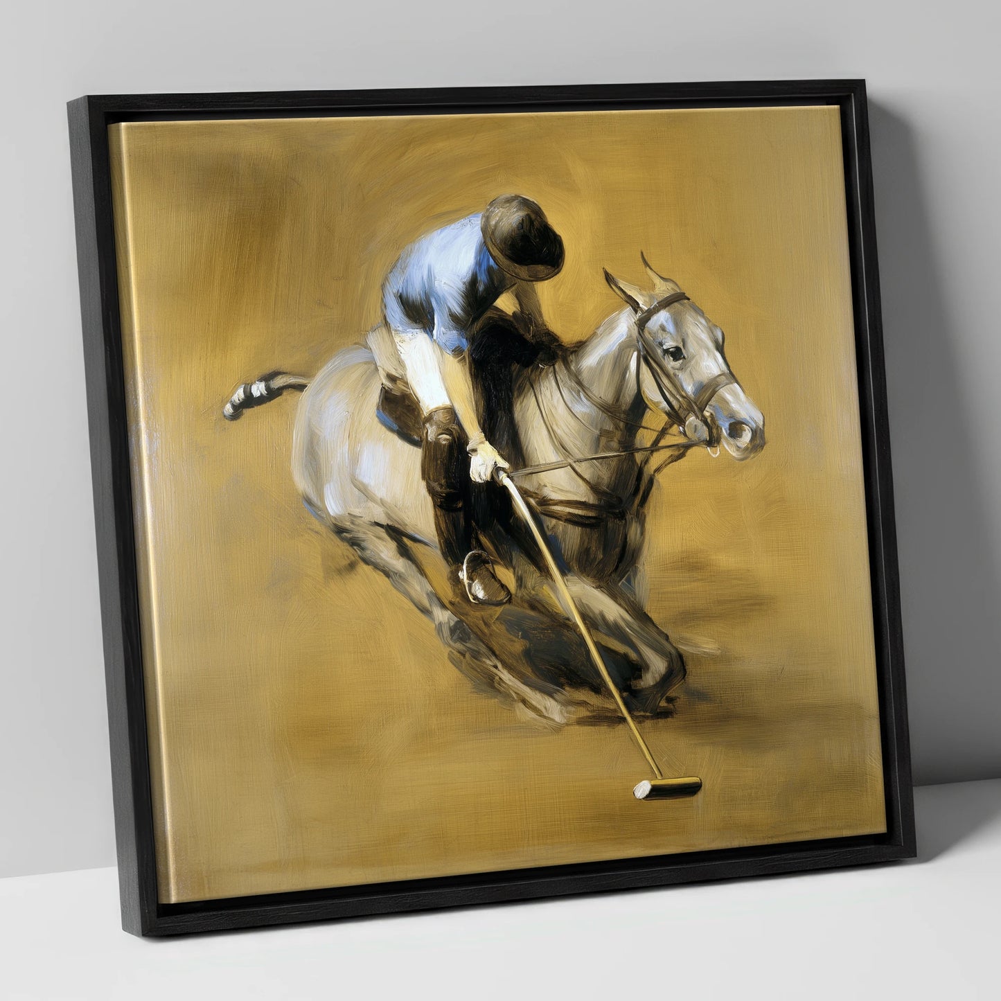 The Decisive Swing polo horse canvas wall art in black frame