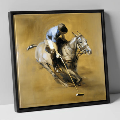 The Decisive Swing polo horse canvas wall art in black frame