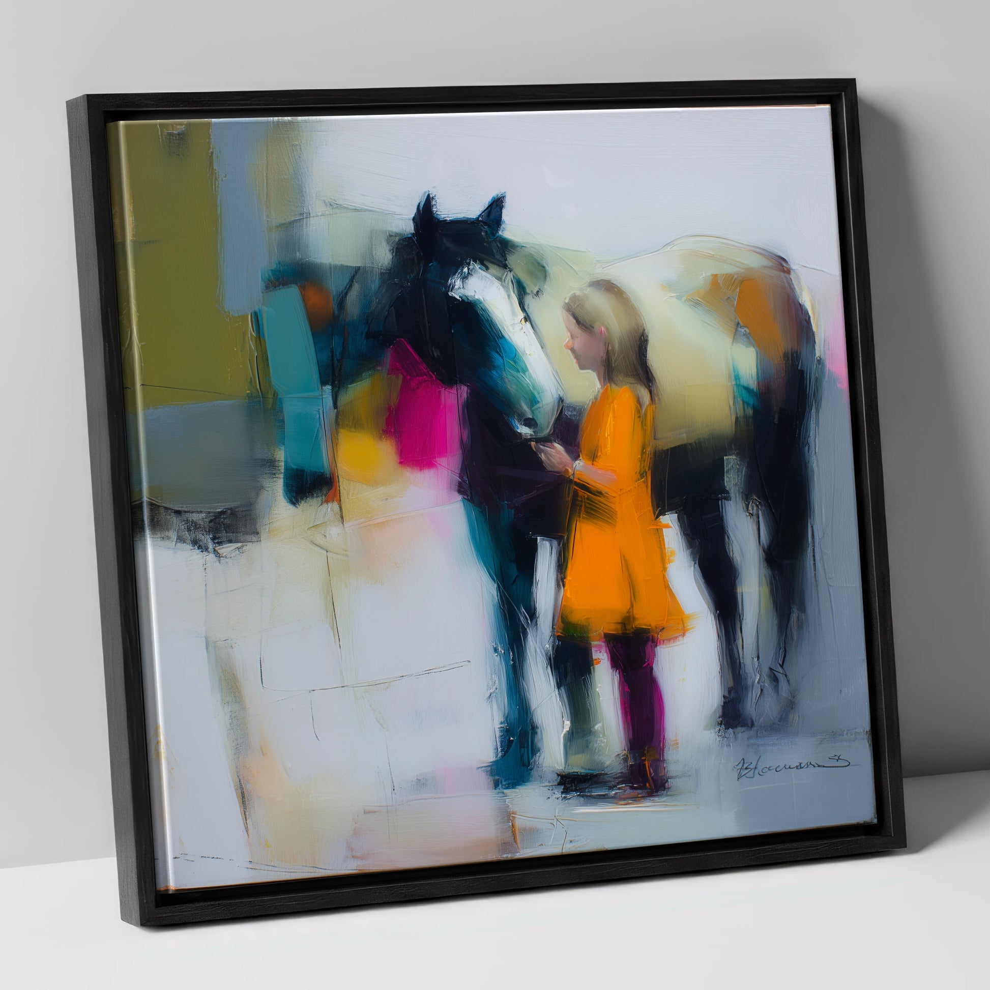 Vibrant Connection horse & rider canvas wall art in black frame