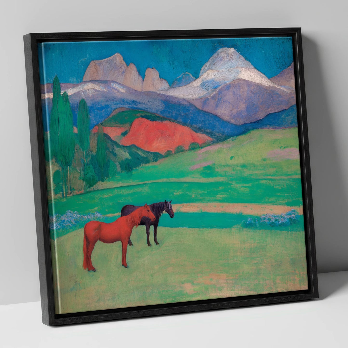 Crimson Mountain Companions horse landscape canvas wall art in black frame