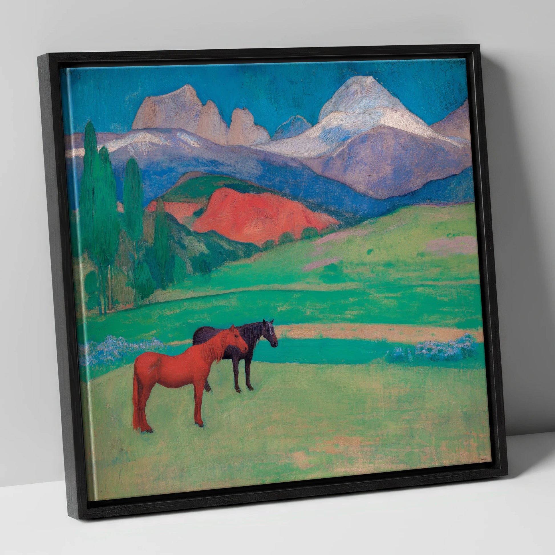 Crimson Mountain Companions horse landscape canvas wall art in black frame