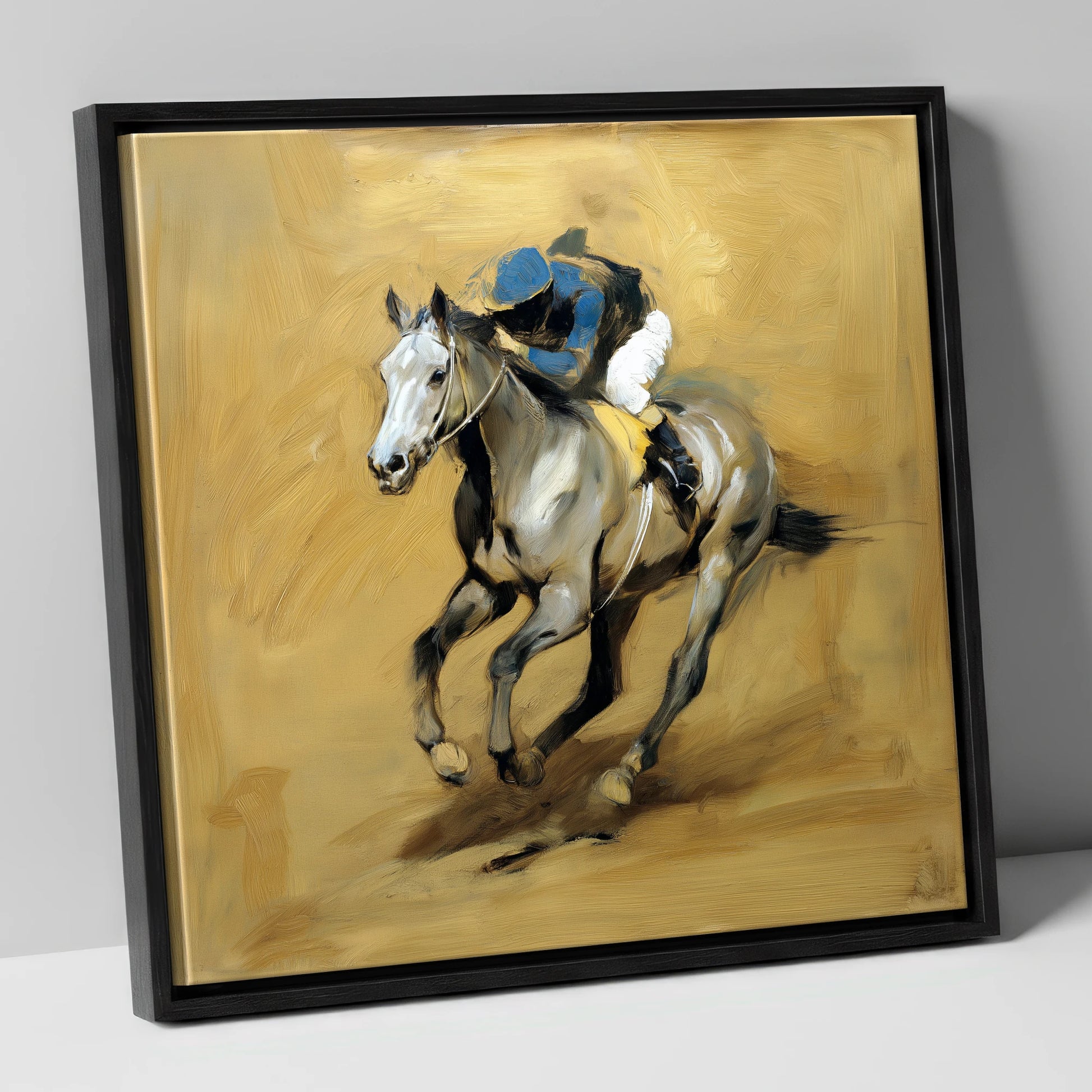 The Grey Challenger racing horse canvas wall art in black frame