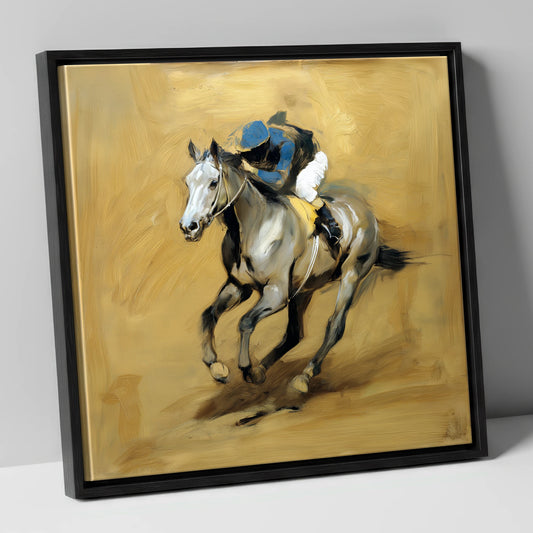 The Grey Challenger racing horse canvas wall art in black frame