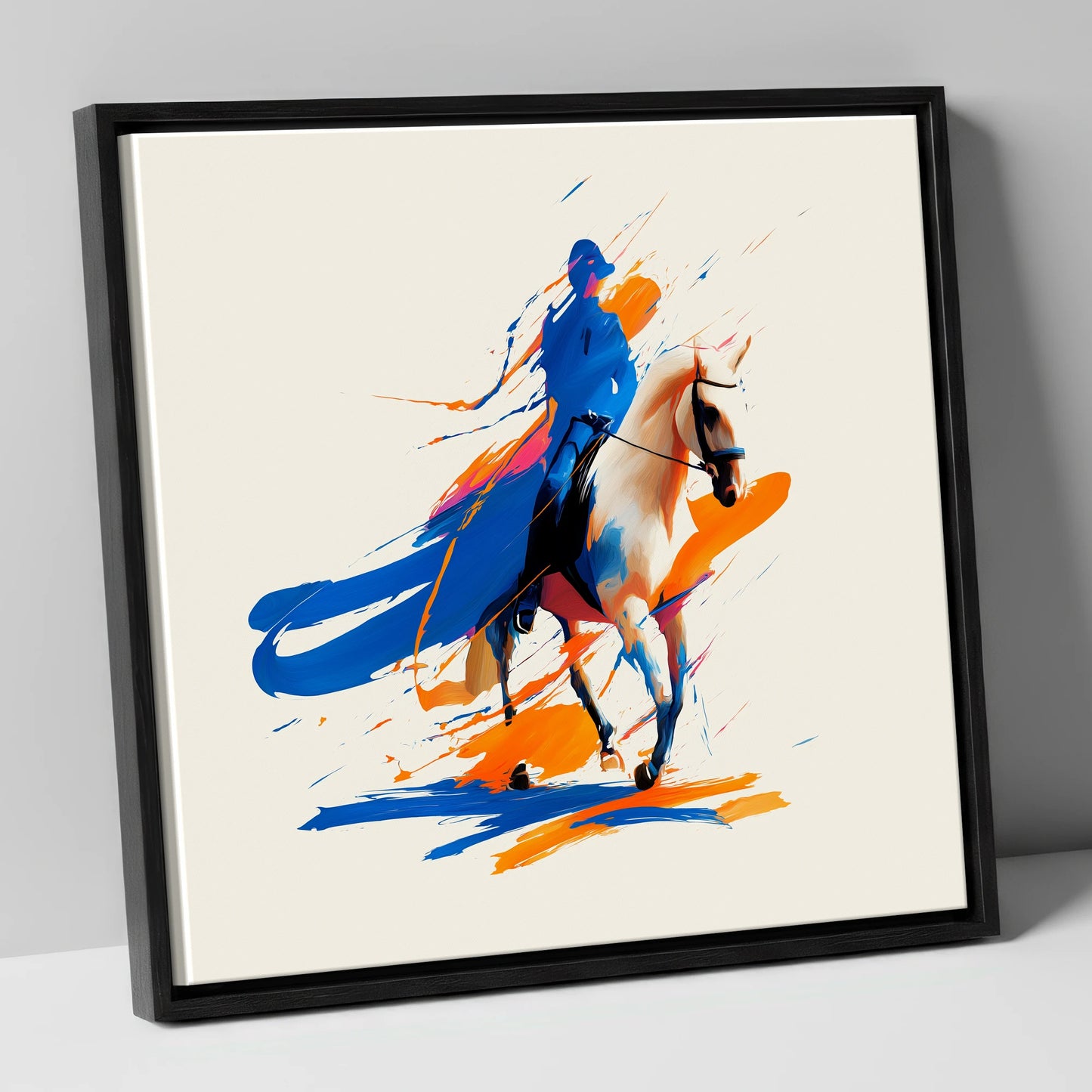 Cobalt Canter dressage horse canvas wall art in black frame