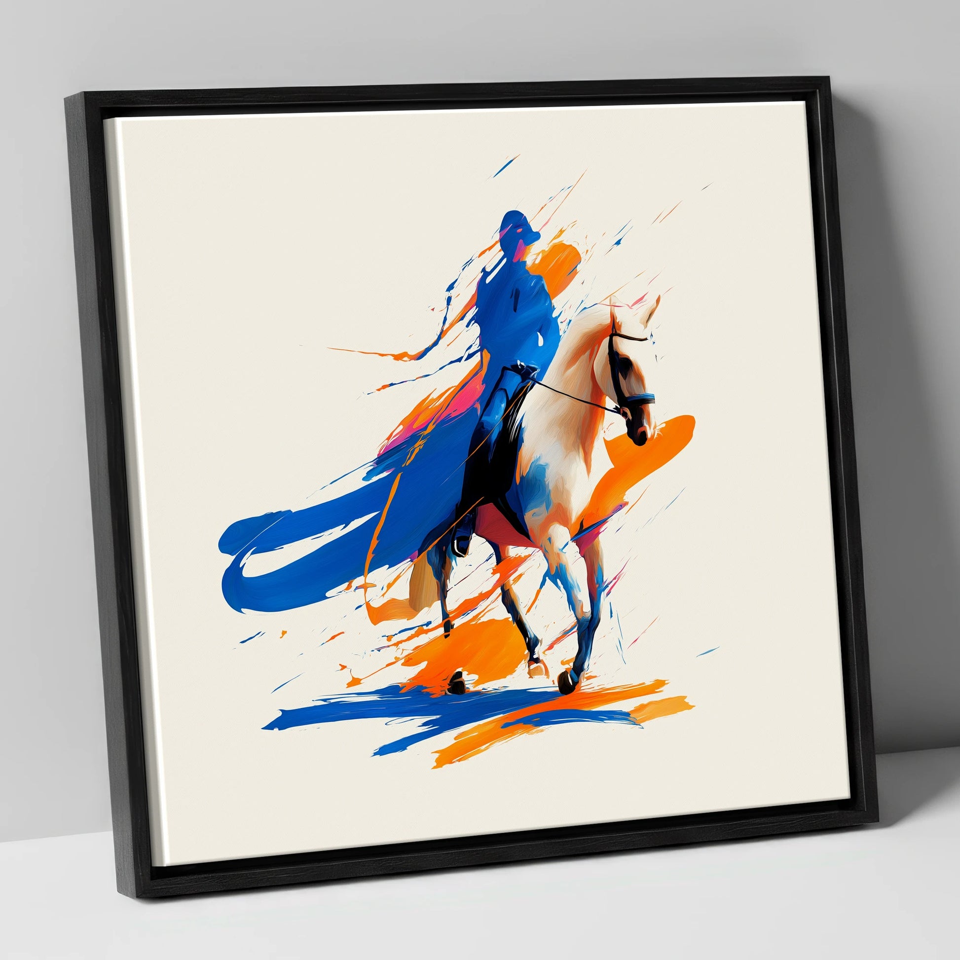 Cobalt Canter dressage horse canvas wall art in black frame