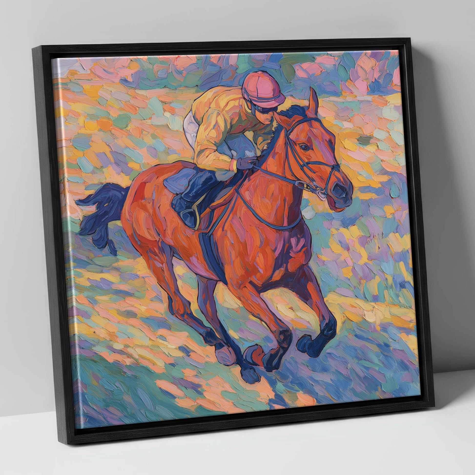 Vibrant Final Furlong racing horse canvas wall art in black frame