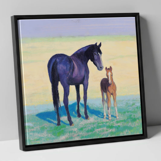 The Gentle Watch mare & foal canvas wall art in black frame
