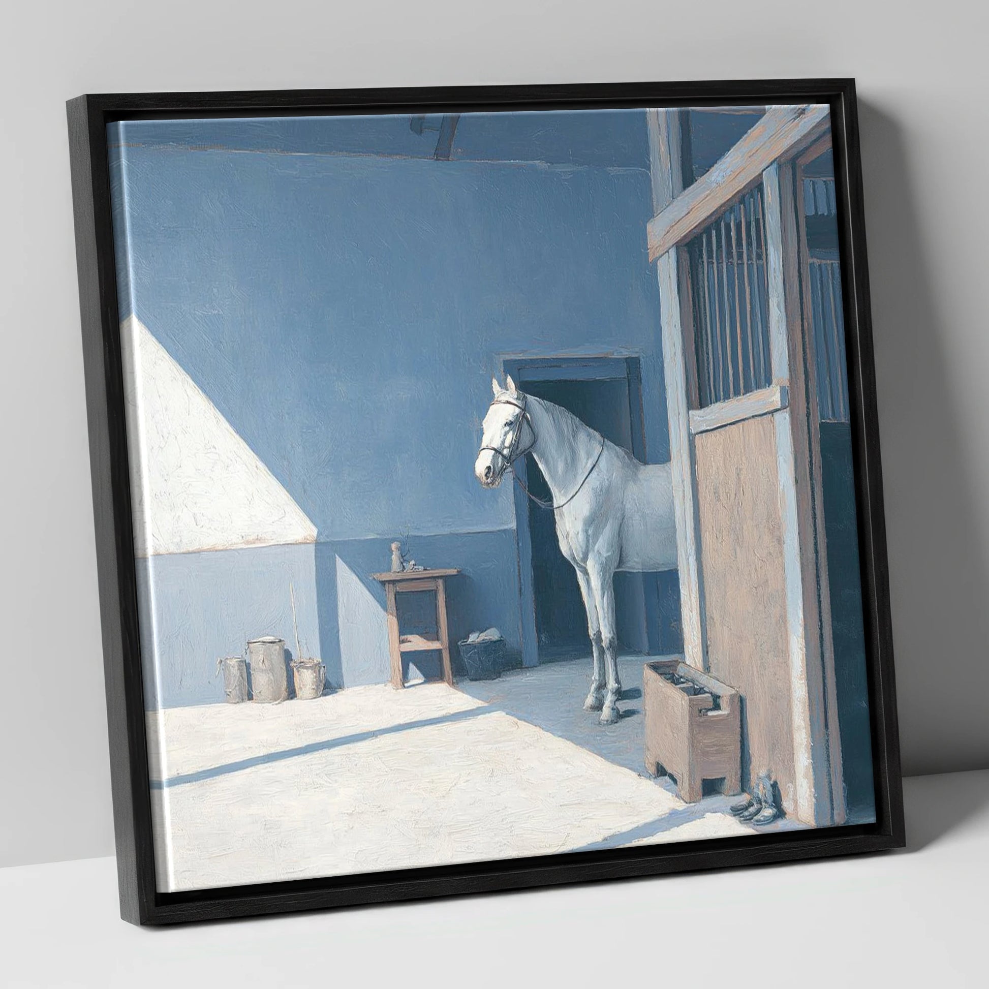 Quiet Morning Yard horse stable canvas wall art in black frame