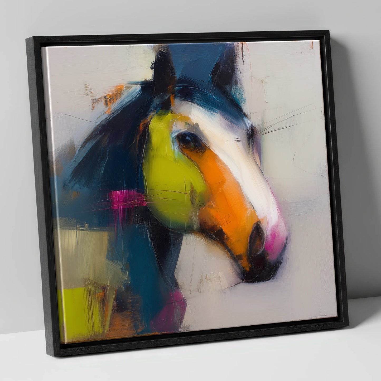 Vibrant Contemporary Profile horse portrait canvas wall art in black frame