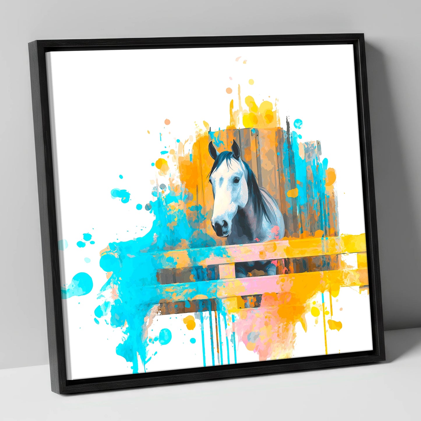 The Inquisitive Grey horse stable canvas wall art in black frame