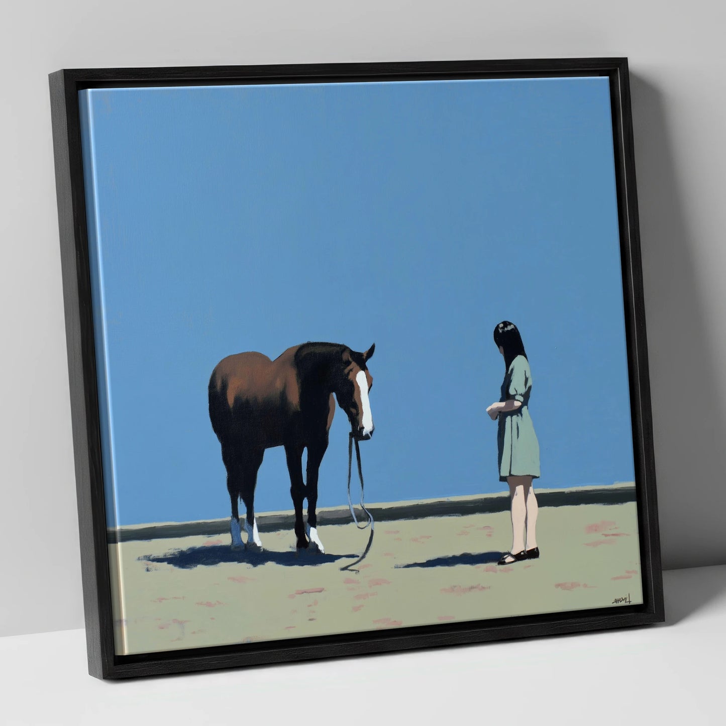 The Quiet Exchange horse & rider canvas wall art in black frame