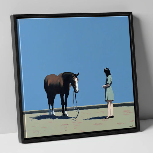 The Quiet Exchange horse & rider canvas wall art in black frame