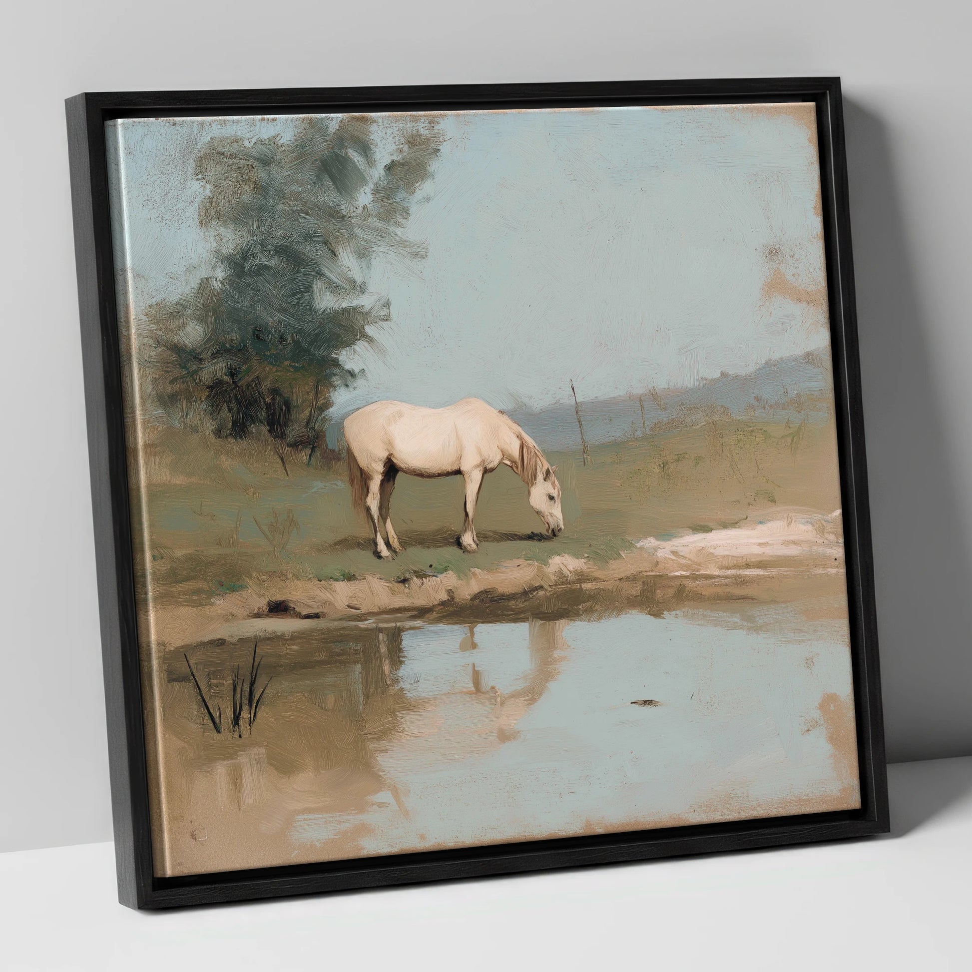 Pastoral Reflection horse landscape canvas wall art in black frame