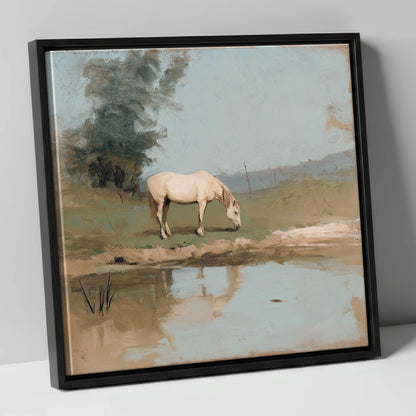 Pastoral Reflection horse landscape canvas wall art in black frame