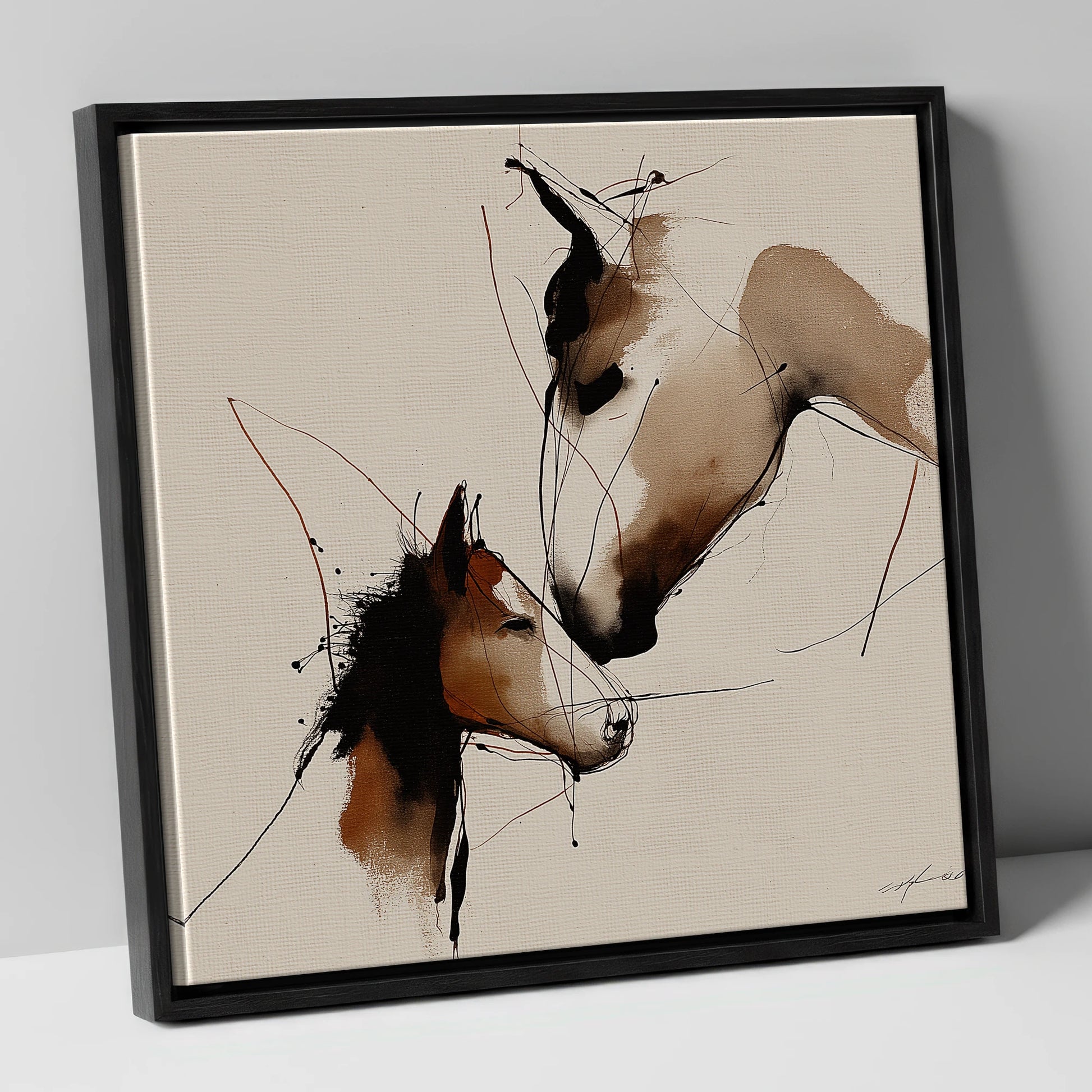 Tender Sepia Bond mare & foal canvas wall art in black frame