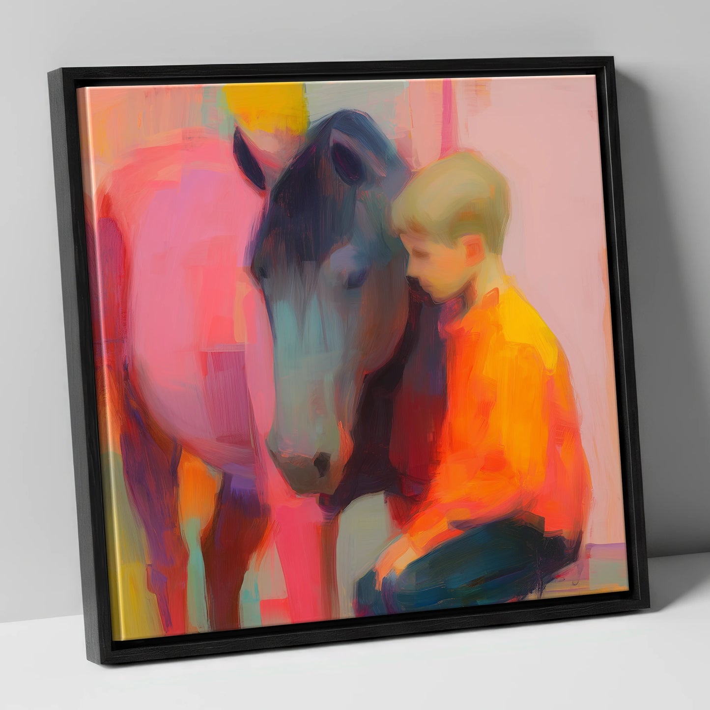 Vibrant Embrace horse & rider canvas wall art in black frame