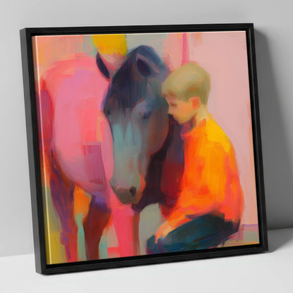 Vibrant Embrace horse & rider canvas wall art in black frame