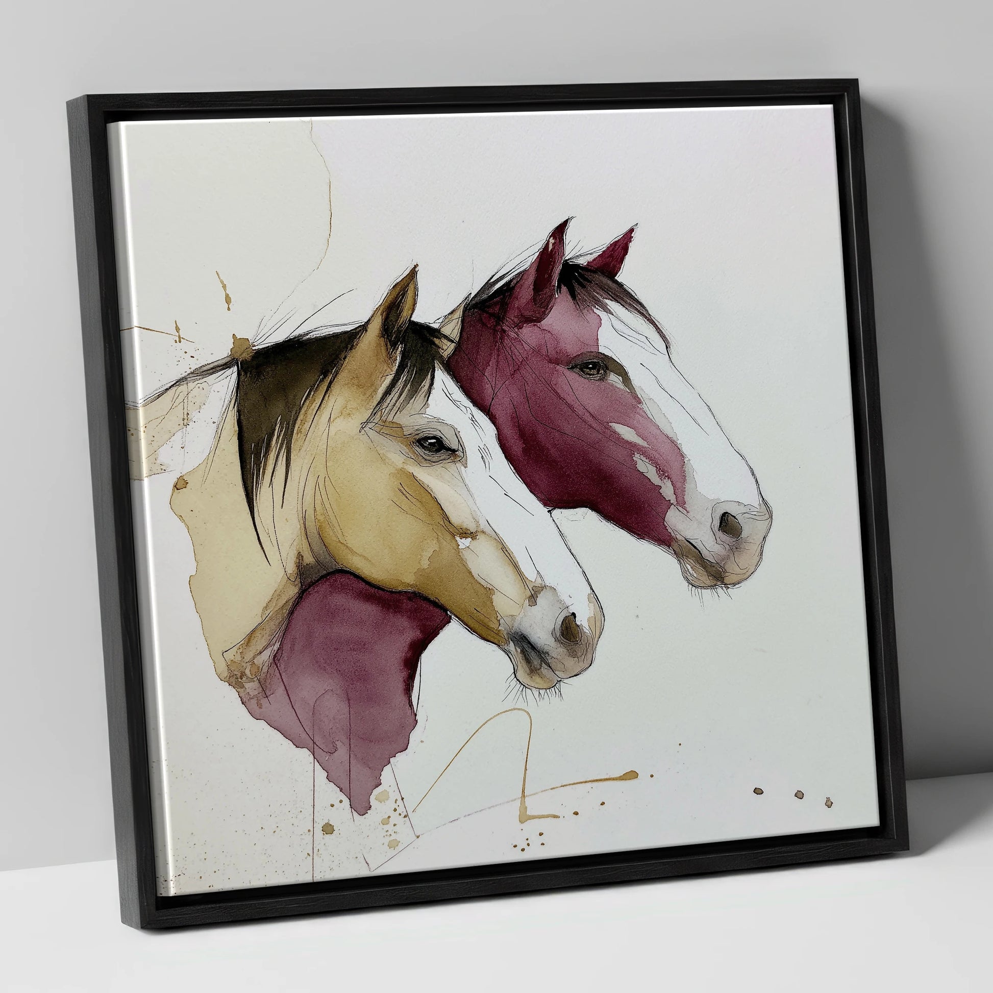 Earthy Equine Profiles wild horses canvas wall art in black frame