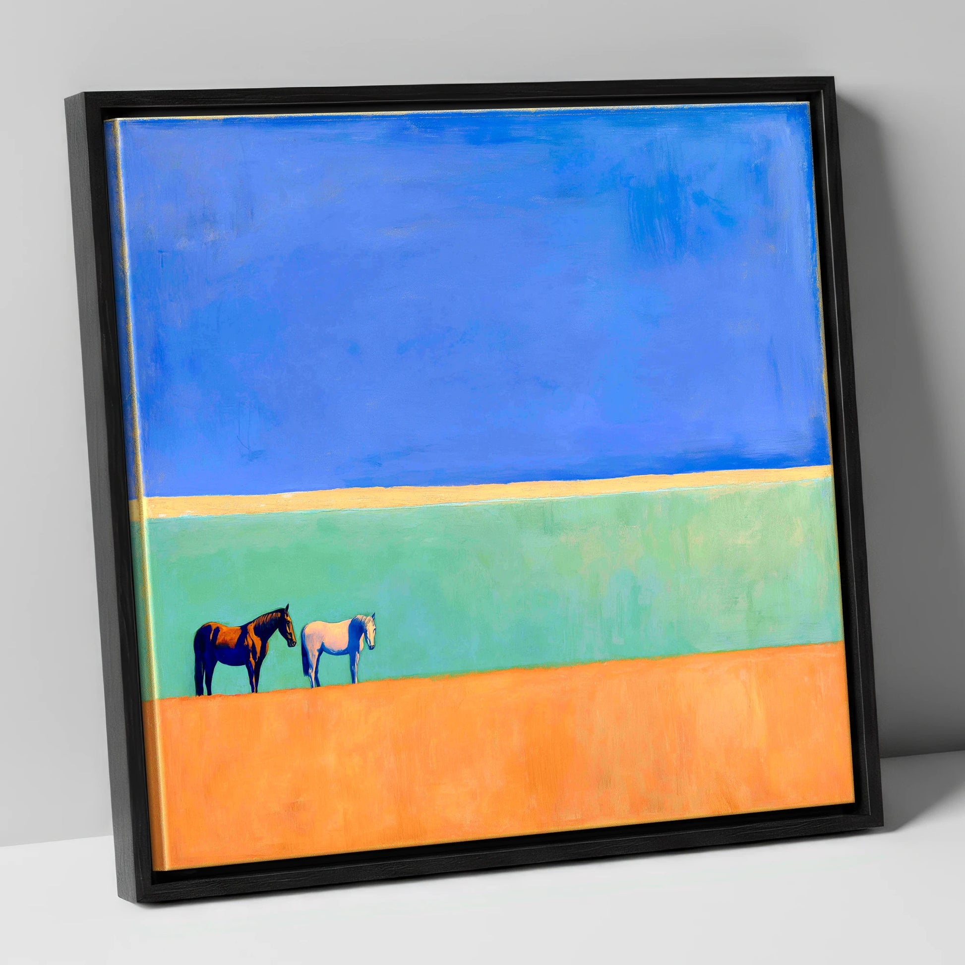 Sunlit Plain horse landscape canvas wall art in black frame